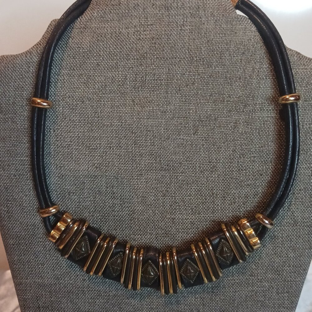 Leather and Gold Tone Choker Necklace